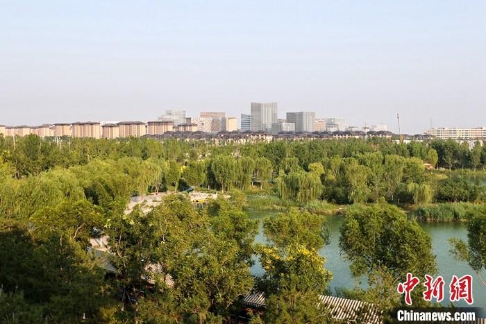 從完成頂層設(shè)計到如火如荼大規(guī)模建設(shè)，六年來，雄安新區(qū)如春天的竹子一般拔節(jié)生長，這座承載千年大計的“未來之城”已雄姿初顯。從“一張白紙”開始著墨，如今的雄安新區(qū)已是濃墨重彩的“山水畫”。<a target='_blank' href='/'>中新社</a>記者近日走訪了雄安新區(qū)多地，從“藍綠金”三色感受這座“未來之城”的巨大變化。圖為7月18日拍攝的河北雄安新區(qū)金湖公園。 <a target='_blank' href='/'>中新社</a>記者 易海菲 攝
